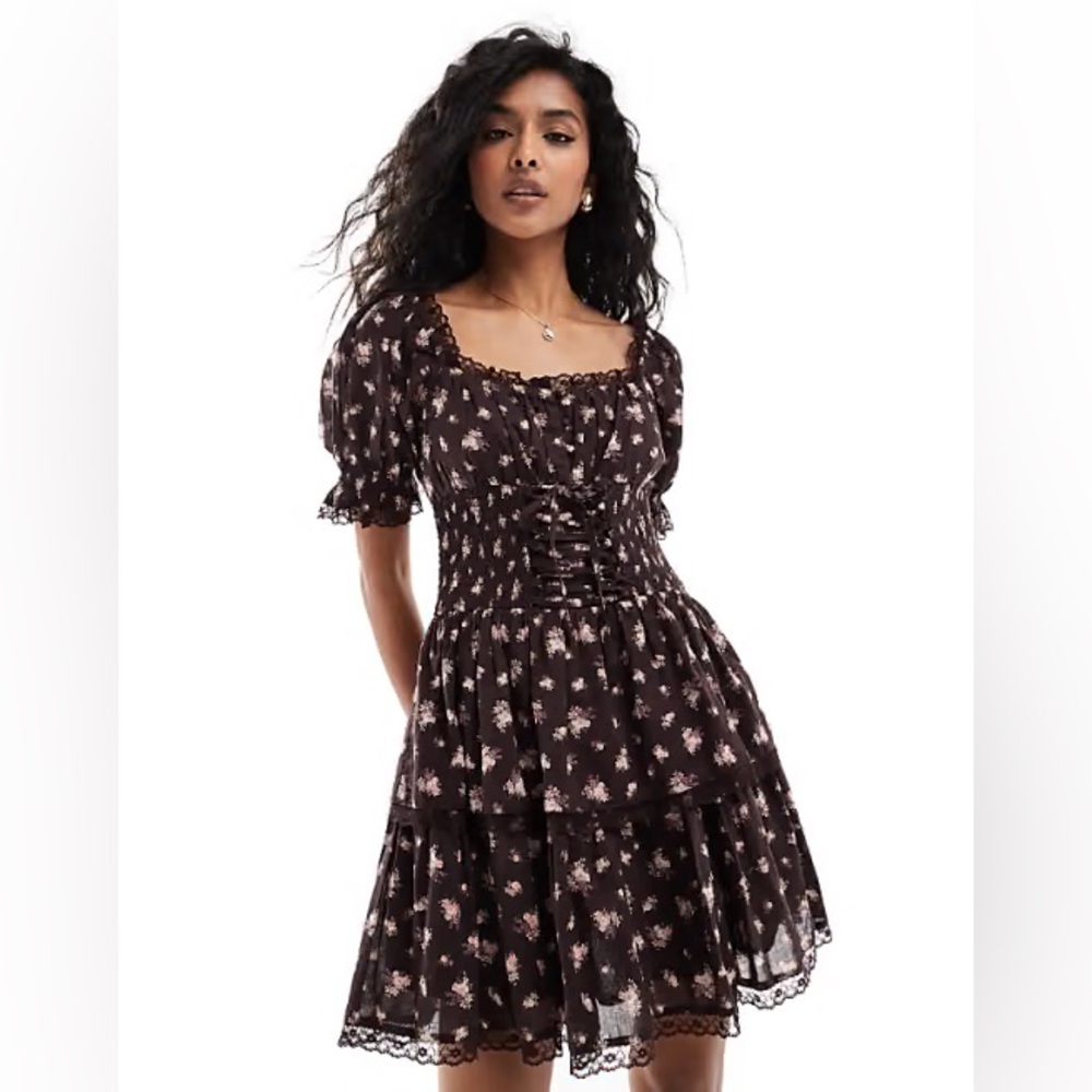 Miss Selfridge mini tiered corset dress in brown ditsy